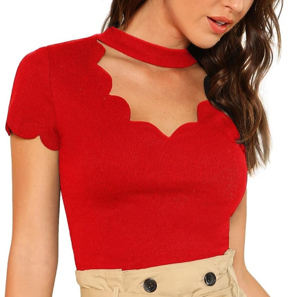 Romwe Women's Scalloped Cut Out V Neck Short Sleeve